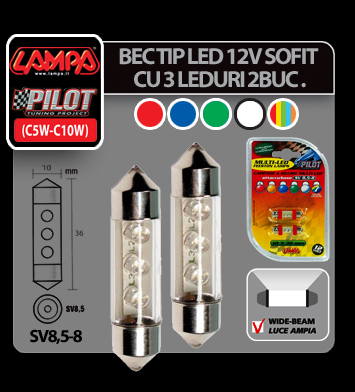 Bec tip LED 12V sofit cu 3 leduri 10x36mm SV8,5-8 (C5W) 2buc - Alb thumb