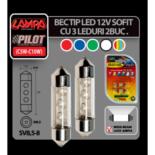 Bec tip LED 12V sofit cu 3 leduri 10x36mm SV8,5-8 (C5W) 2buc - Alb
