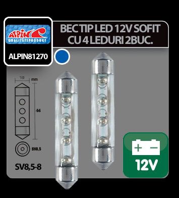 Bec tip LED 12V sofit cu 4 leduri 10x44mm SV8,5-8 2buc - Albastru thumb