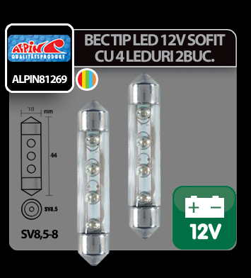 Bec tip LED 12V sofit cu 4 leduri 10x44mm SV8,5-8 2buc - Curcubeu thumb