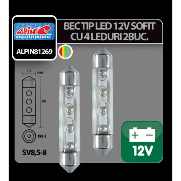 Bec tip LED 12V sofit cu 4 leduri 10x44mm SV8,5-8 2buc - Curcubeu