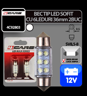 Bec tip LED 12V sofit cu 6 leduri 10x36mm SV8,5-8 2buc - Alb thumb
