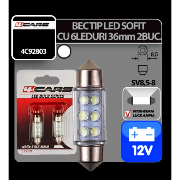 Bec tip LED 12V sofit cu 6 leduri 10x36mm SV8,5-8 2buc - Alb