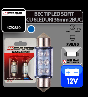 Bec tip LED 12V sofit cu 6 leduri 10x36mm SV8,5-8 2buc - Albastru thumb