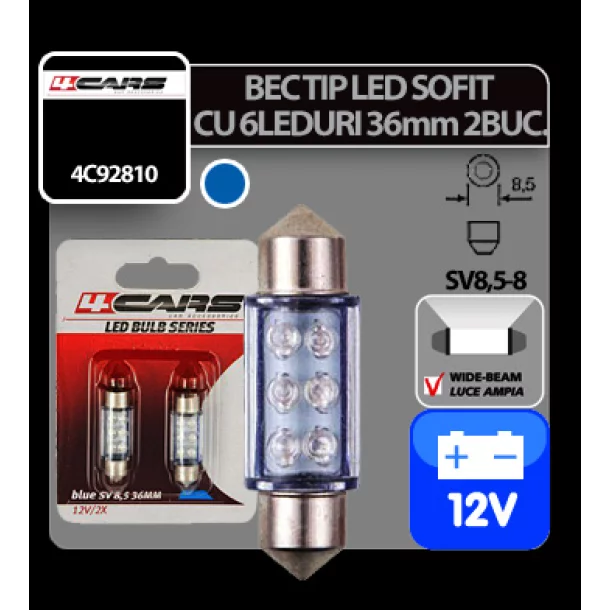 Bec tip LED 12V sofit cu 6 leduri 10x36mm SV8,5-8 2buc - Albastru