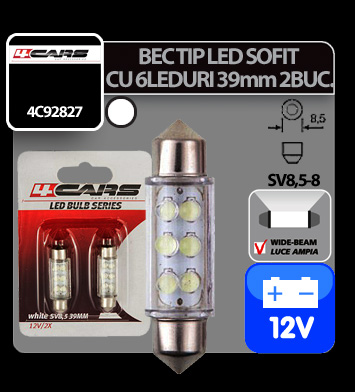 Bec tip LED 12V sofit cu 6 leduri 10x39mm SV8,5-8 2buc - Alb thumb