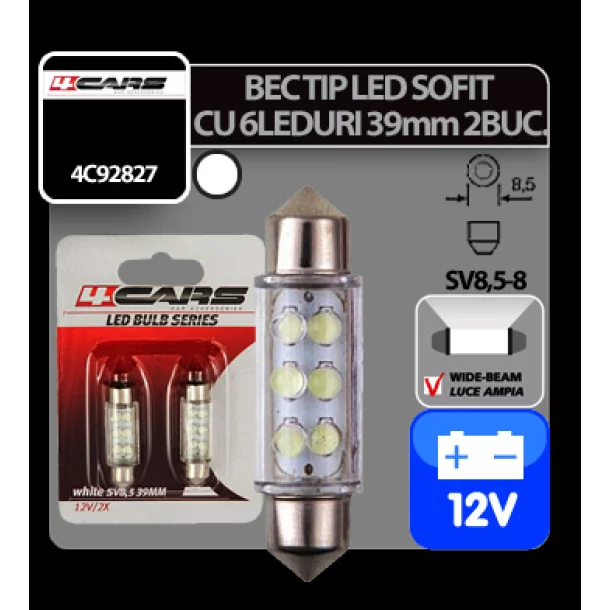 Bec tip LED 12V sofit cu 6 leduri 10x39mm SV8,5-8 2buc - Alb