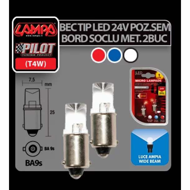 Bec tip LED 24V poz semn bord soclu metal T4W BA9s 2buc - Alb