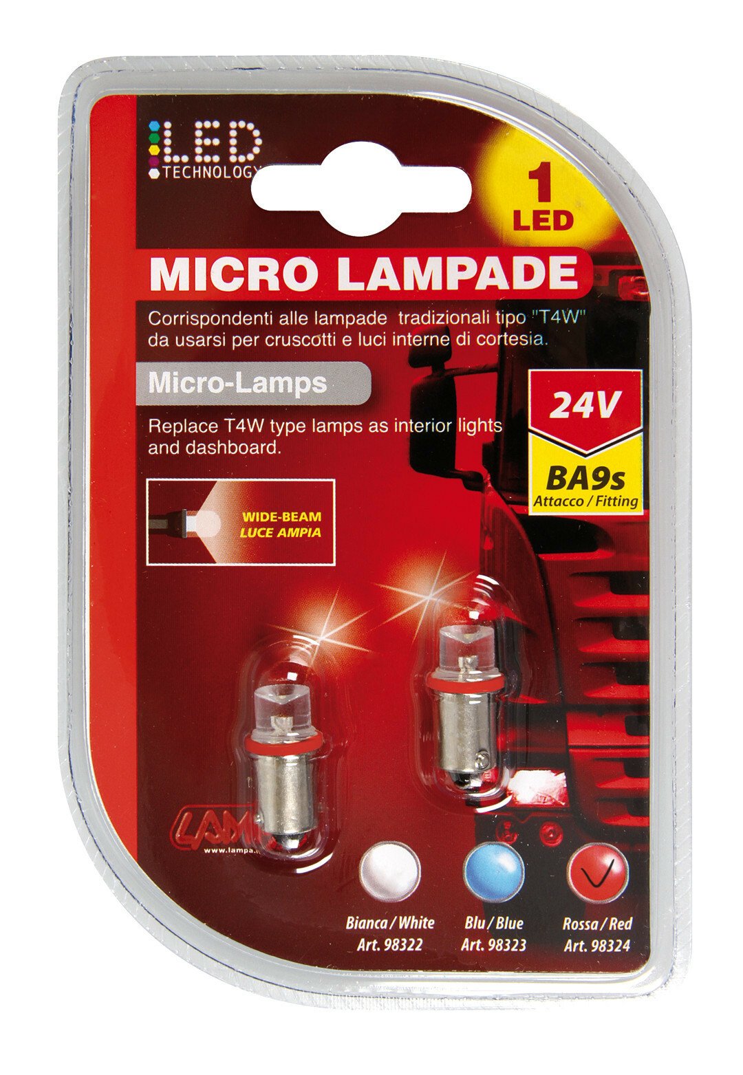 24V Micro lamp 1 Led - (T4W) - BA9s - 2 pcs - D/Blister - Red - Cridem