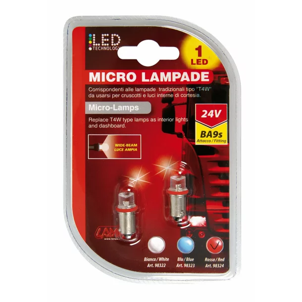 24V Micro lamp 1 Led - (T4W) - BA9s - 2 pcs - D/Blister - Red