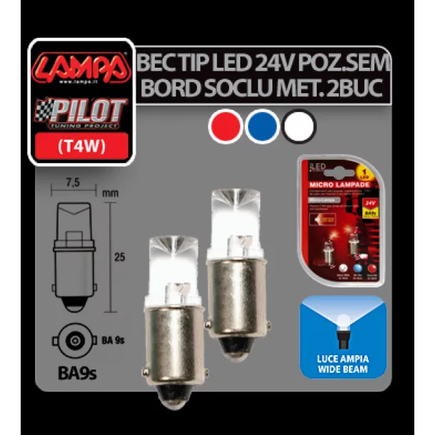24V Micro lamp 1 Led - (T4W) - BA9s - 2 pcs - D/Blister - Red