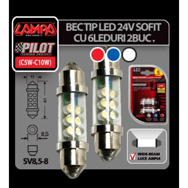 Bec tip LED 24V sofit cu 6 leduri 11x41mm SV8,5-8 2buc - Albas