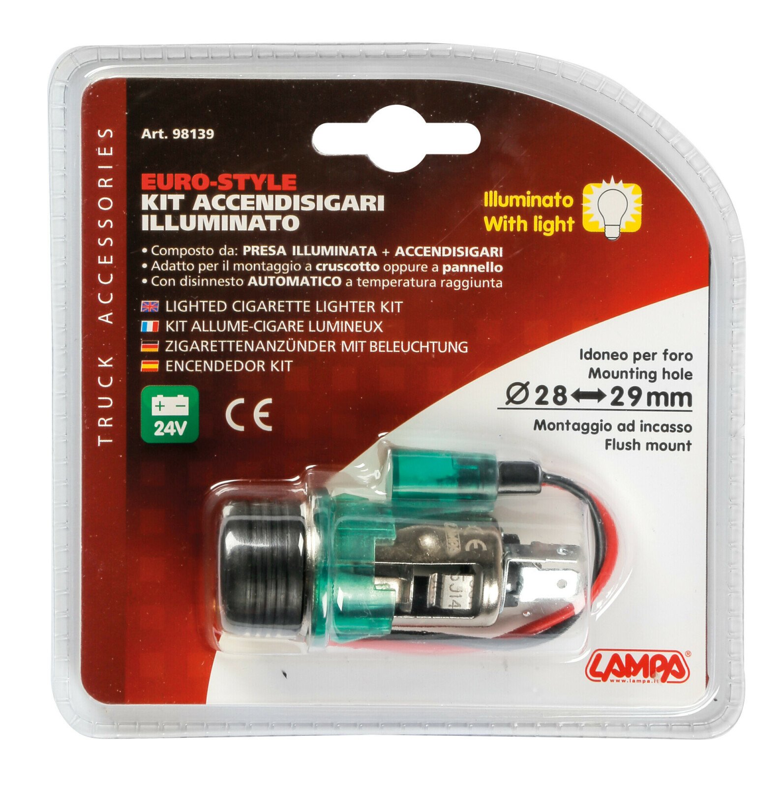 Euro-Style illuminated cigarette lighter kit, 24V thumb