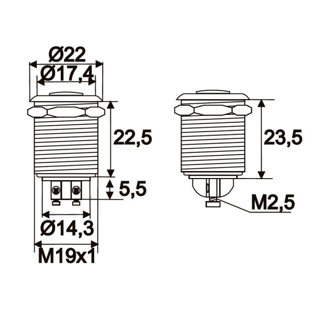 Buton, 1 circuit 2A-250V OFF-(ON), metal • rezistent la apa thumb