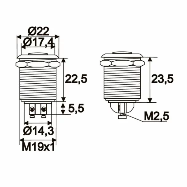 Buton, 1 circuit 2A-250V OFF-(ON), metal • rezistent la apa