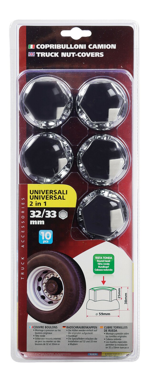 ABS universal truck nut-covers, 10 pcs set - Ø 32/33 mm - Chrome thumb