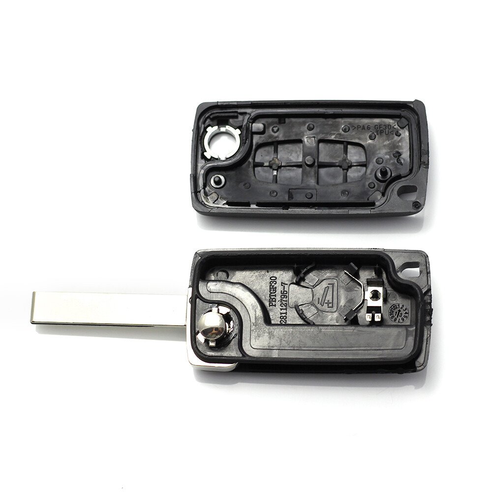 Citroen / Peugeot 407 - Carcasa tip cheie briceag cu 2 butoane, lama HU83-SH2 cu suport baterie thumb