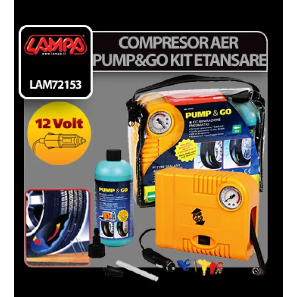 Compresor aer Pump&amp;Go 12V si kit etansare pneuri