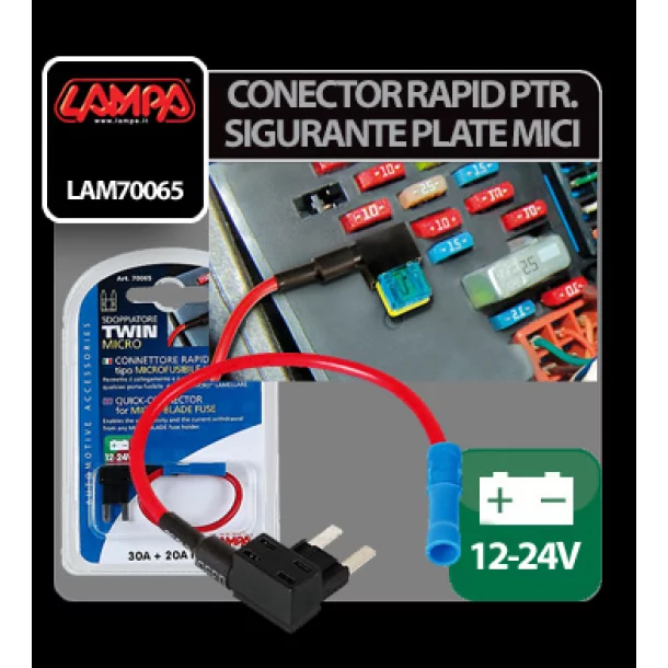 Quick-connector for two micro-blade fuses 30+20A 12/24V