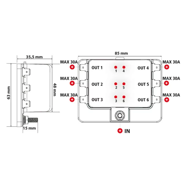 Fuse Block, 1 input - 6 way out, fuse holder, 12/24V