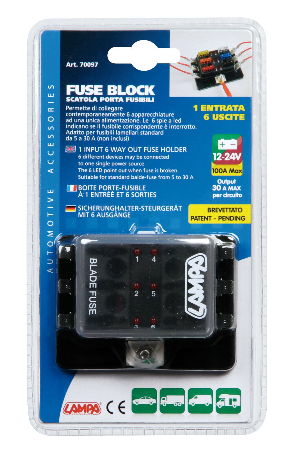 Fuse Block, 1 input - 6 way out, fuse holder, 12/24V thumb