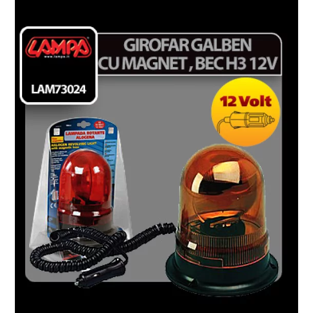 Girofar galben cu magnet, cu bec halogen H3 12V