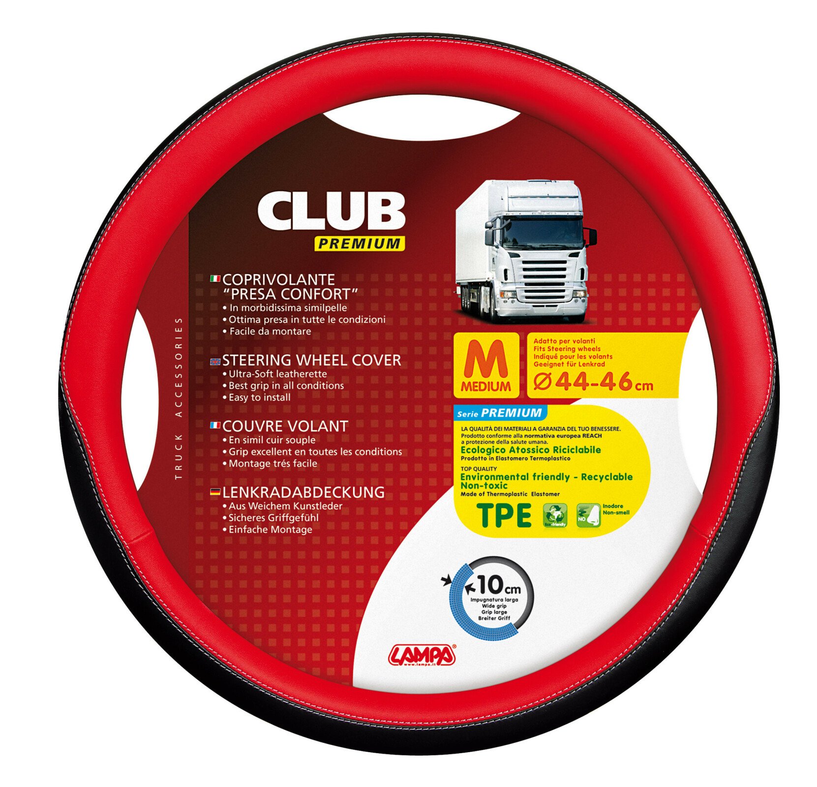 Club, comfort grip steering wheel cover - M - Ø 44/46 cm - Red thumb