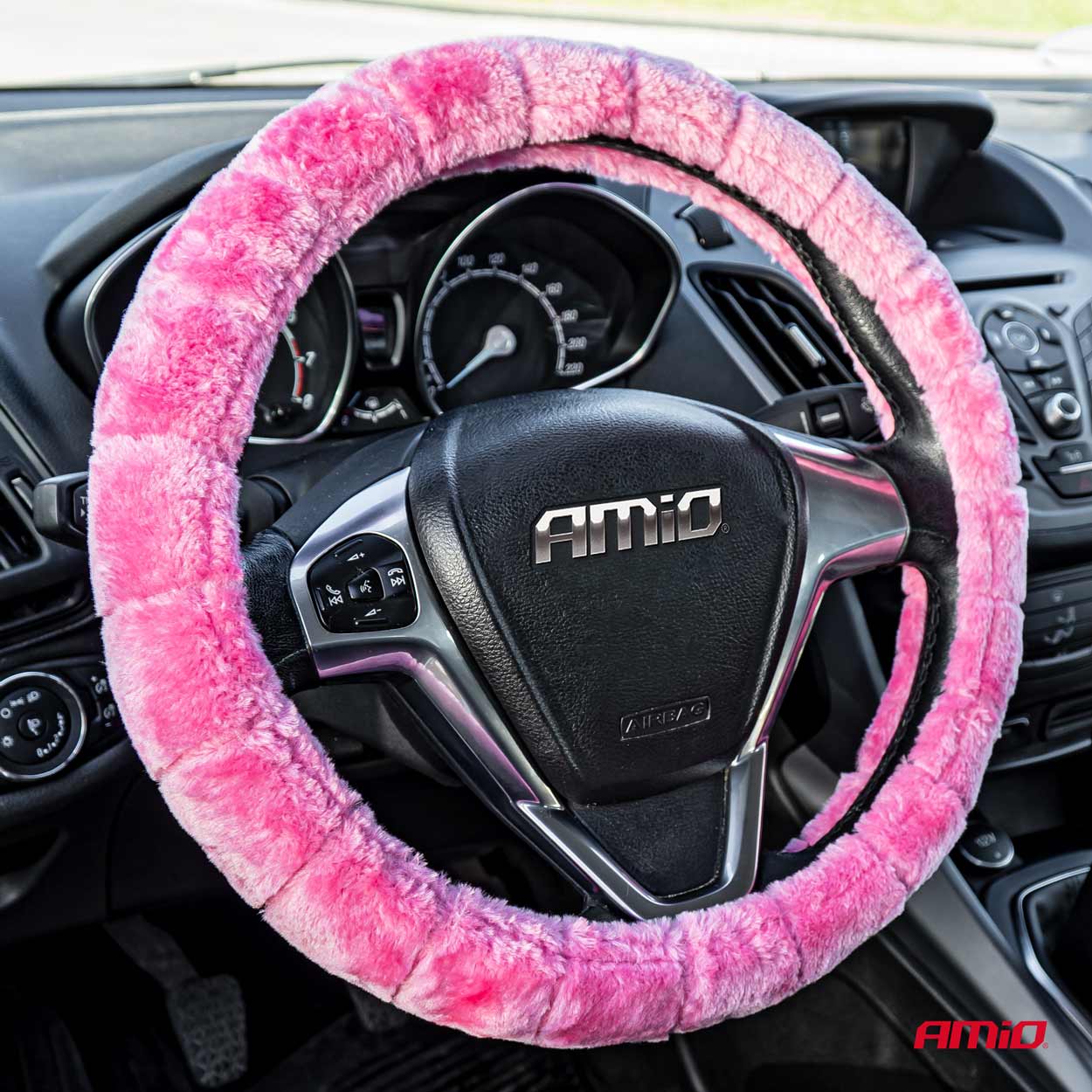 Amio steering wheel cover in faux fur SWC-54-M - Ø 37-39 cm - Pink thumb