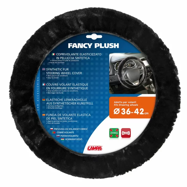 Fancy Plush, elasticized steering wheel cover - Black - Ø 36-42 cm