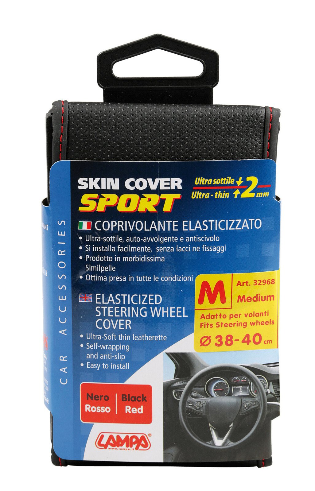 Skin-Cover, elasticized steering wheel cover - Black/Red - M - Ø 38/40 cm thumb