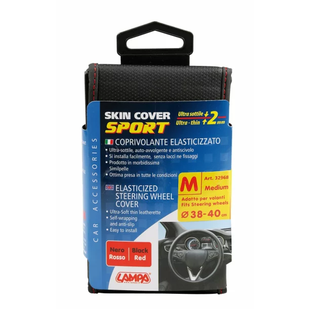 Skin-Cover, elasticized steering wheel cover - Black/Red - M - Ø 38/40 cm