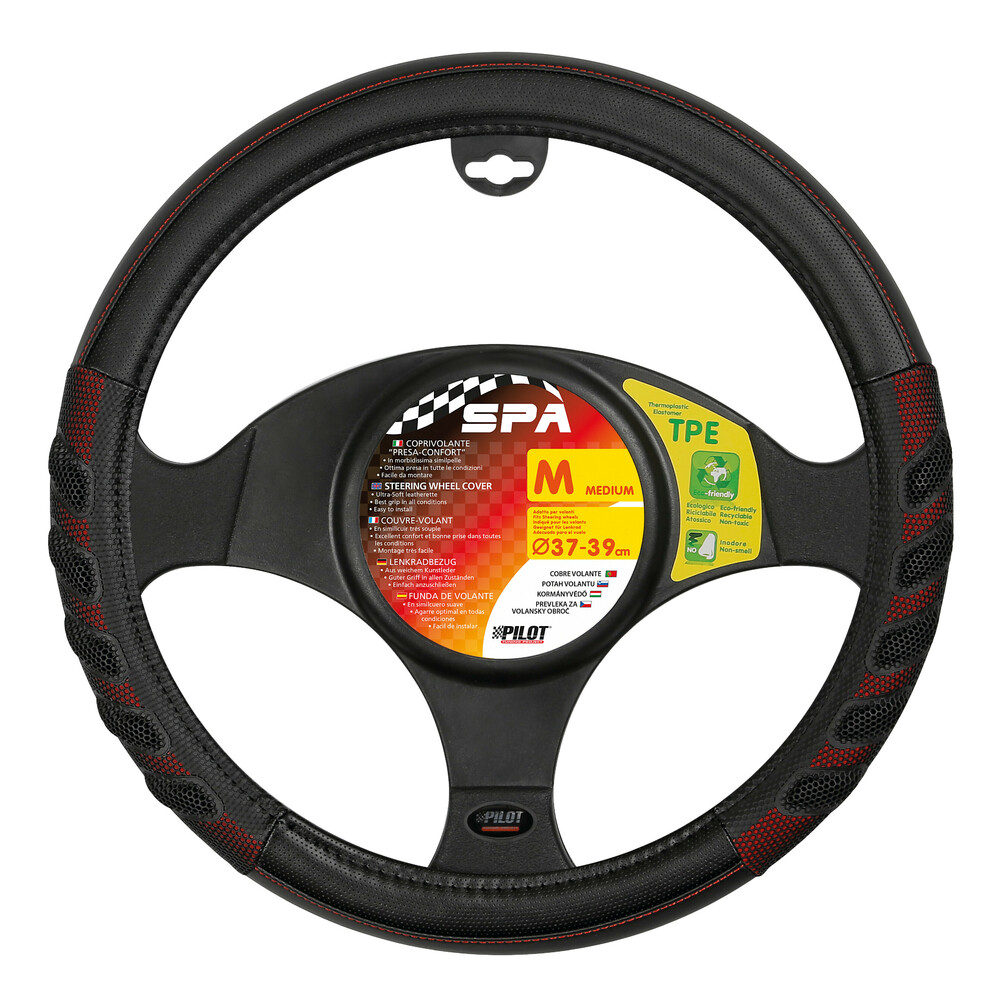 Spa leatherette steering wheel cover - M - Ø 37/39 cm - Black/Red thumb