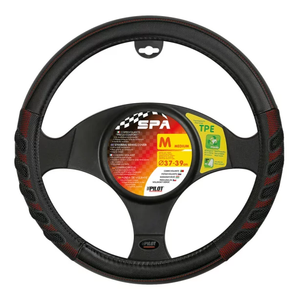 Spa leatherette steering wheel cover - M - Ø 37/39 cm - Black/Red