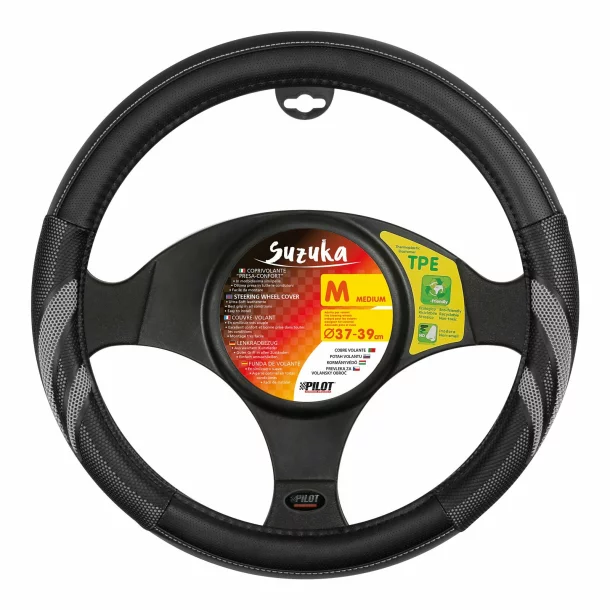 Suzuka leatherette steering wheel cover - M - Ø 37/39 cm - Black/Grey
