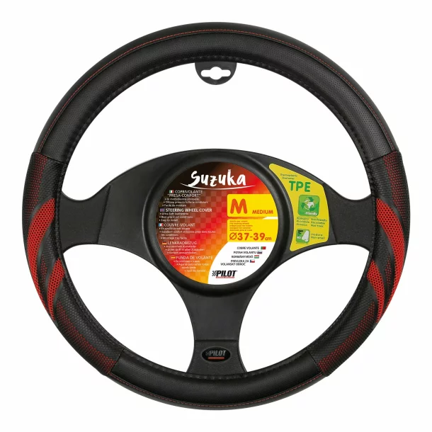 Suzuka leatherette steering wheel cover - M - Ø 37/39 cm - Black/Red