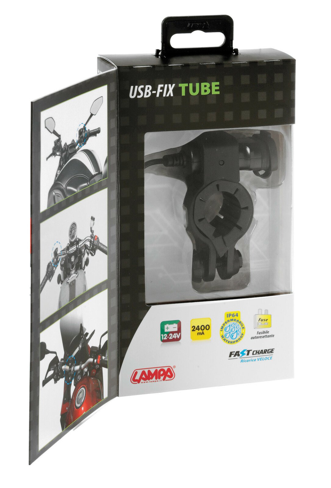 Usb-Fix Tube, Usb charger with handlebar fixing and fork connectors - Fast Charge - 3000 mA - 12/24V thumb