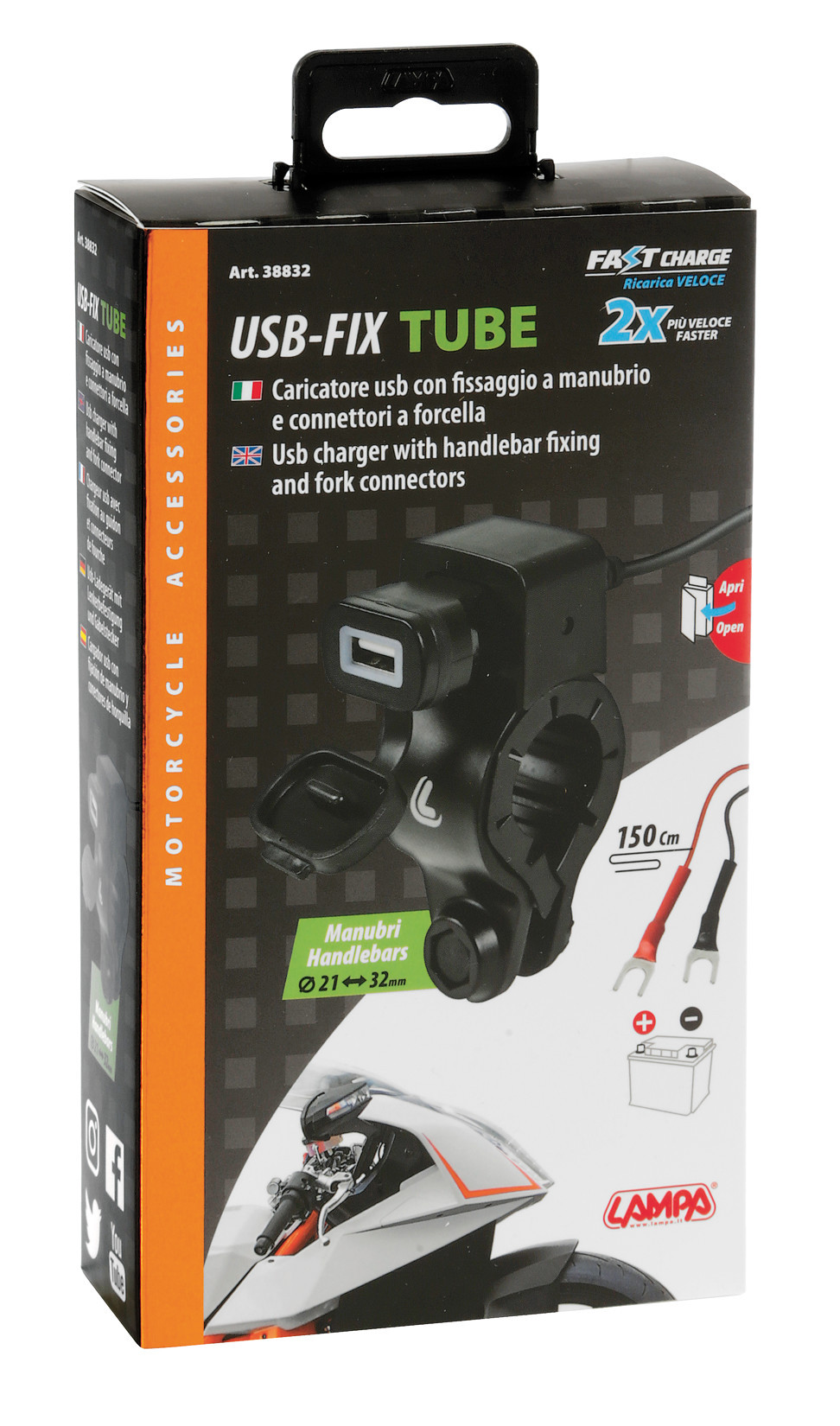 Usb-Fix Tube, Usb charger with handlebar fixing and fork connectors - Fast Charge - 3000 mA - 12/24V thumb