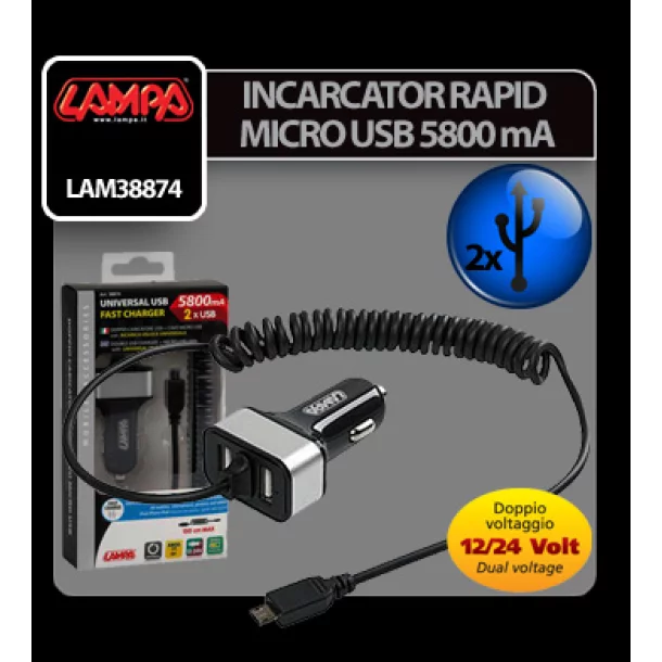 Incarcator rapid micro USB plus 2 porturi USB 5800mA 12/24V