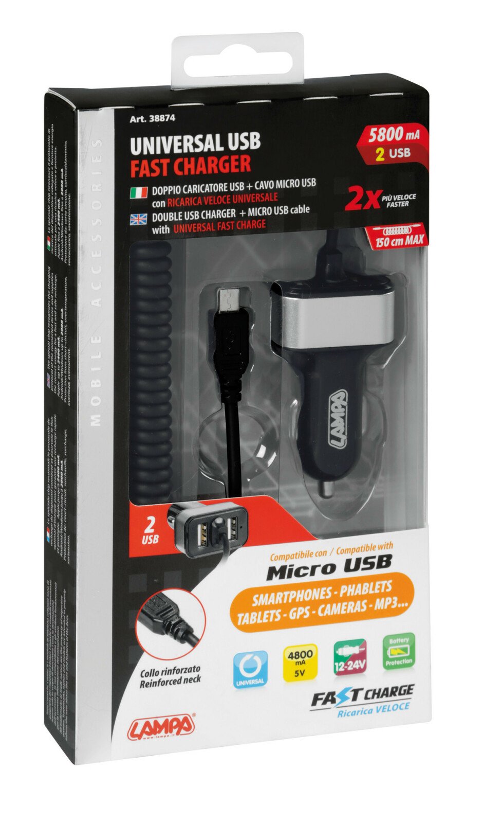 Micro Usb charger with 2 Usb ports - Fast Charge - 5800 mA - 12/24V thumb