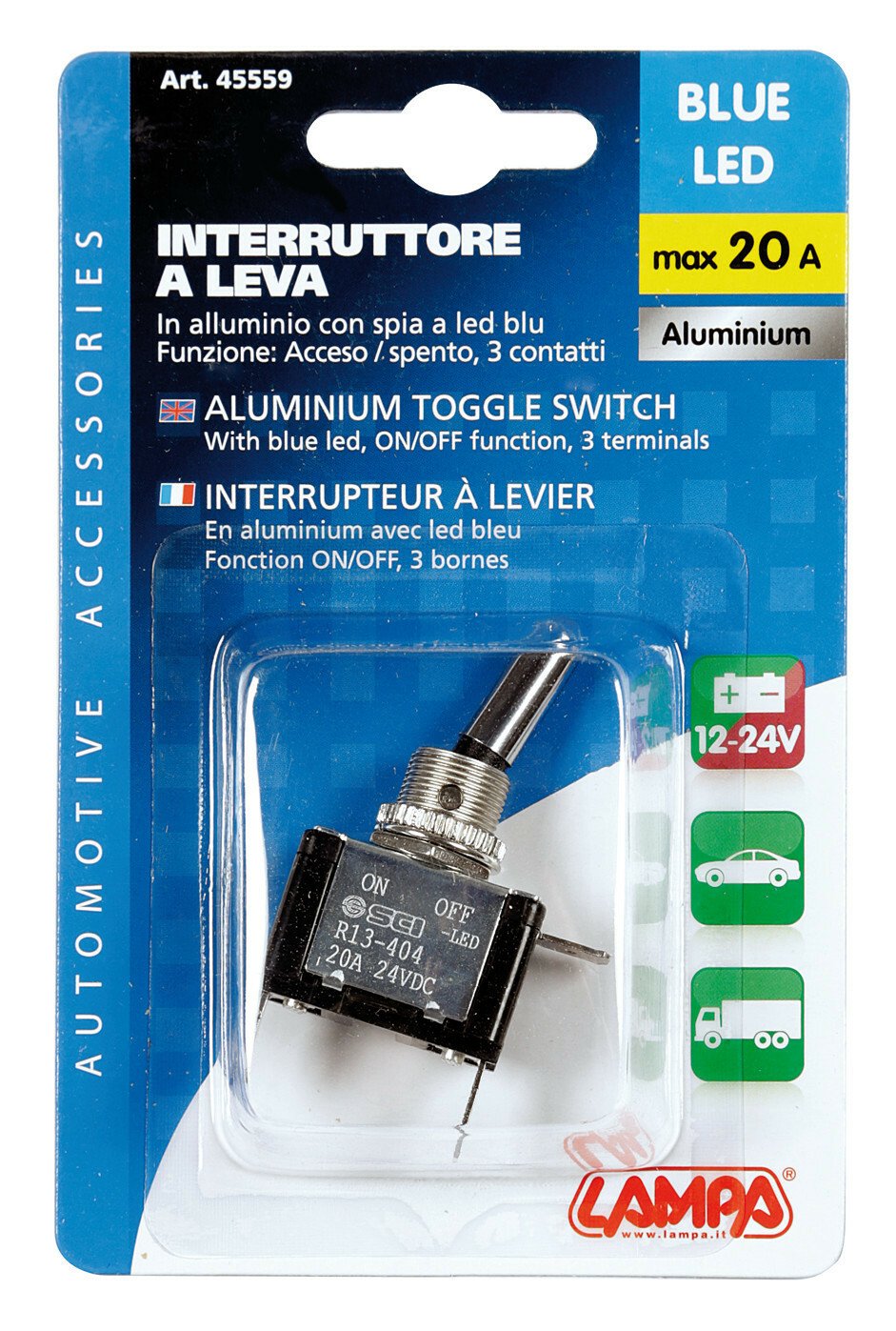 Toggle switch with led, 2 terminals - 12V - Blue - 20A thumb