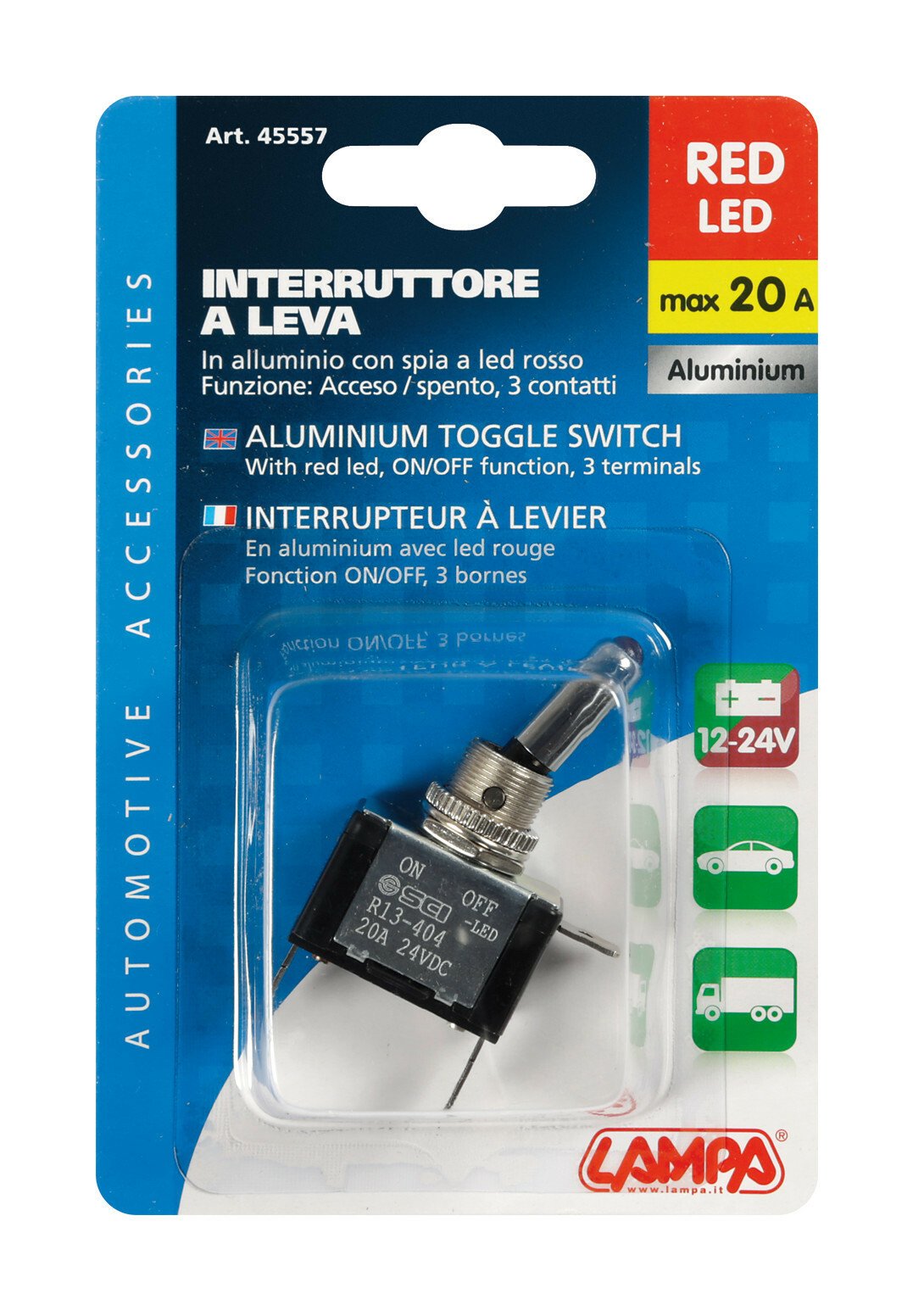 Toggle switch with led, 2 terminals - 12V - Red - 20A thumb