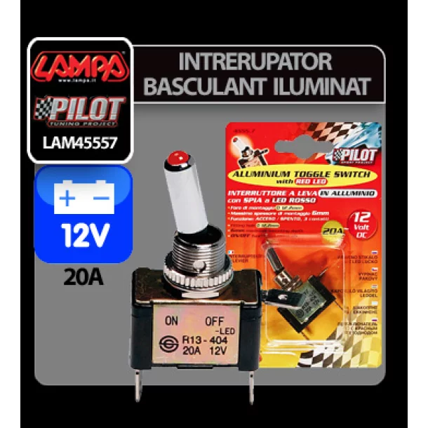 Intrerupator basculant cu LED, 2 terminale 12V - 20A - Rosu