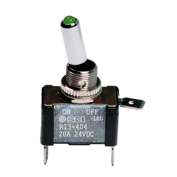 Toggle switch with led, 2 terminals - 12V - Green - 20A