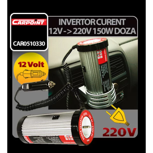 Carpoint Power Inverter 12V-220V 150W in canholder