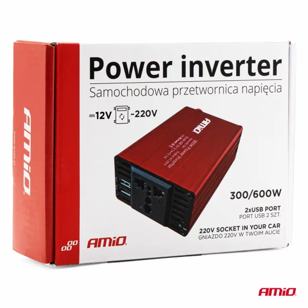 Áram inverter 12V-ról 220V-ra, 300/600W, 2xUSB, Amio