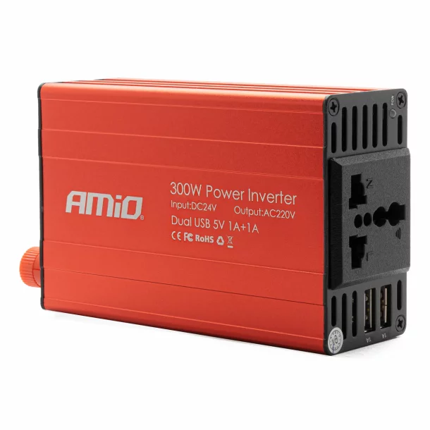 Áram inverter 24V-ról 220V-ra, 300/600W, 2xUSB, Amio