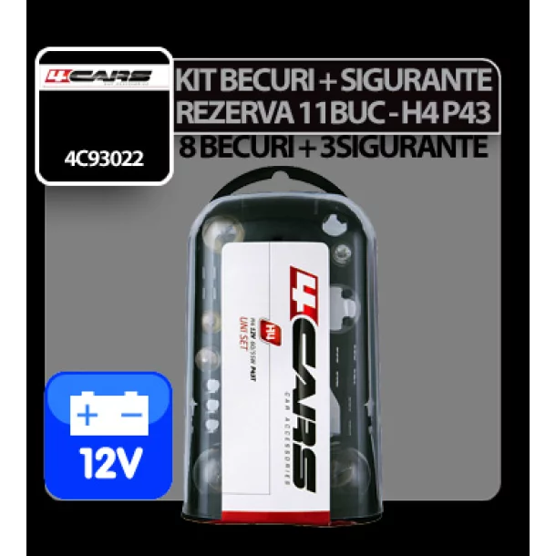 Kit becuri si sigurante 11buc, 12V - halogen H4 P43 4Cars