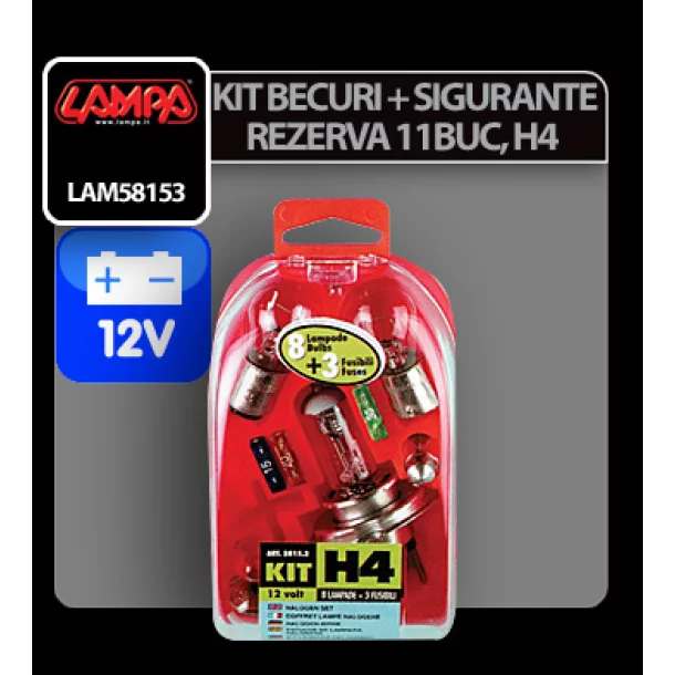 Kit becuri si sigurante 11buc, 12V - halogen H4 P43