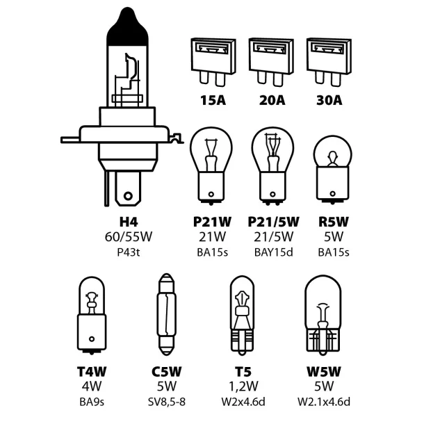 Spare lamps kit 11 pcs, 12V - H4 halogen P43