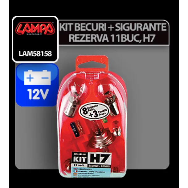 Kit becuri si sigurante 11buc, 12V - halogen H7